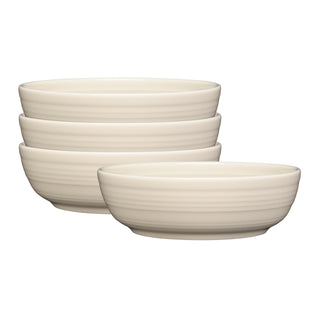 The Fiesta Linen Set includes four 6 3/4" coupe salad bowls (24 oz) in off-white, featuring a subtle horizontal striped texture. Made in the USA, they are displayed against a plain white background.