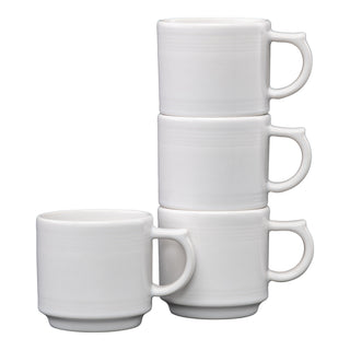 The Fiesta White 16 OZ Set of 4 Stackable Mug Set features smooth white mugs with large handles; three can be stacked vertically while one sits in front, making them ideal for saving space in your kitchen.