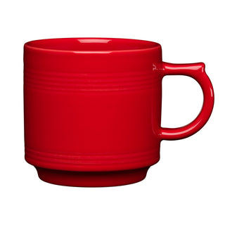 The Fiesta 16 OZ Stackable Mug by Fiesta in scarlet features a large handle, simple smooth design, and subtle horizontal ridges at the top and bottom—perfect for any coffee bar setup.