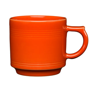 The Fiesta 16 OZ Stackable Mug by Fiesta is shown in poppy orange with a round handle, subtle horizontal lines, and a slightly raised base against a white background—perfect for any coffee bar setup.