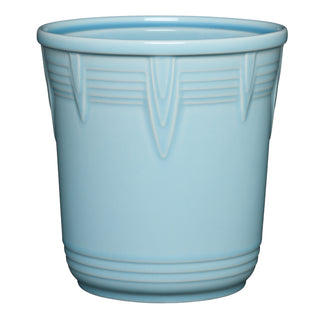 The Retired Fiesta 7 Inch Chevron Utensil Crock by Fiesta features a sky blue ceramic finish with geometric vertical and horizontal embossed lines around the top and bottom, shown against a white background.