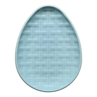 The Fiesta Retired Embossed Egg Shaped Plate (10 Inch) in Sky features a woven basket pattern—ideal as a unique serving platter to enhance your Fiesta Tableware collection. Photographed against a white background.