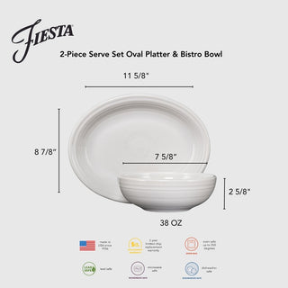 The Fiesta Lavender 2-Piece Serve Set includes an 11 5/8" Oval Platter and 38 oz Bistro Bowl. Both are lead safe, made in the USA, and oven, microwave, and dishwasher safe for easy entertaining.
