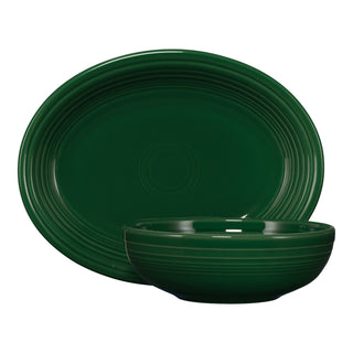 A jade 2-Piece Serve Set by Fiesta, featuring an 11 5/8" oval platter and a 38 oz Bistro bowl with a glossy finish and concentric circle pattern, set against a plain white background.