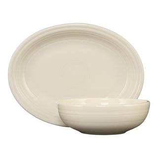 The Fiesta 2-Piece Serve Set in Linen features an 11 5/8" oval platter and a 38 oz bistro bowl, both with subtle ridges, displayed against a white background.