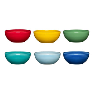The Fiesta Mixed Vibrant 3 3/4-Inch Mixed Color 5OZ Mini Bowls, Set of 6, features six colorful ceramic prep bowls ideal for mixing. Dishwasher safe and perfect for adding a pop of color to your kitchen. Displayed on a white background.
