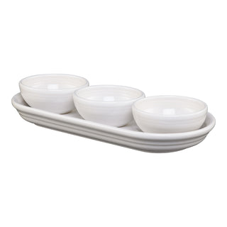 The Fiesta 4-Piece Condiment Set White by Fiesta features three small white bowls arranged in a row on a matching serving tray, all displayed against a plain white background.