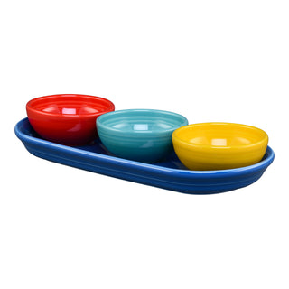 The Fiesta Vibrant Mixed Colors 4-Piece Condiment Set features three colorful mini bowls—red, turquoise, and yellow—in a blue serving tray, displayed together on a white background.