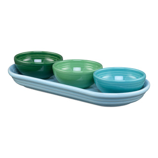 The Fiesta Aegean Mixed Colors 4-Piece Condiment Set features ceramic mini bowls in green and blue hues, arranged on a matching serving tray against a white background.