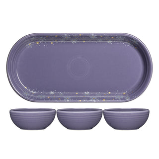 The Fiesta 4-Piece Condiment Set Lavender Snowflakes by Fiesta features a stylish purple tray with three matching mini bowls, designed with subtle snowflake patterns—perfect for serving condiments in style.