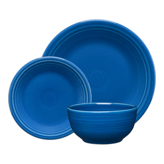 The Fiesta Classic Bistro 3-Piece Place Setting, Service for 1, features blue ceramic dinnerware including a large dinner plate, salad plate, and bistro cereal bowl with circular grooves—a timeless addition to your table.