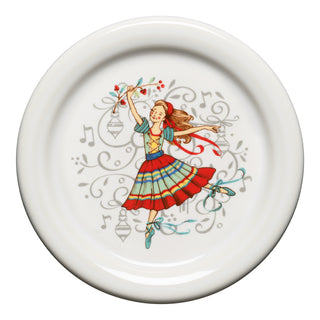 The Fiesta Nutcracker Ballerina 4 3/8 Inch Coaster and Mug Cover features a ballerina in a colorful dress with red berries, musical notes, and swirls—perfect for charming holiday tabletop decor.