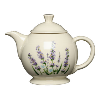 Cream-colored, dishwasher safe Fiesta Lavender Bloom 44 OZ Covered Teapot with a lid and a lavender floral pattern.