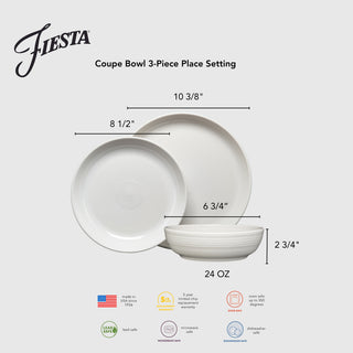 Three white pieces from the Fiesta Coupe Bowl 3-Piece Dinnerware Set Foundry are displayed, each with measurements, capacities, and safety icons shown. The largest plate measures 10 3/8″, the smaller plate is 8 1/2″ across, and the versatile coupe bowl is 6 3/4″ wide by 2 3/4″ high with a capacity of up to 24 oz. Crafted by Fiesta.