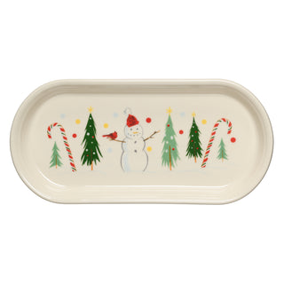 Add vibrant cheer to your holiday celebrations with the Fiesta Jolly Christmas Classic 11 7/8-Inch Oblong Serving Platter, featuring a playful snowman in a red hat, three Christmas trees, two candy canes, and colorful dots set against a crisp white background—an ideal festive accent for your seasonal tableware collection.