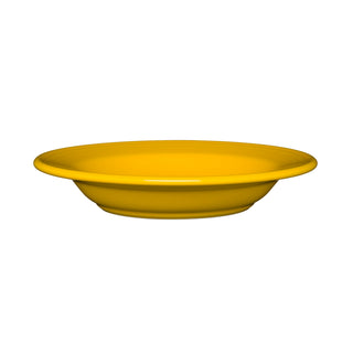 The Fiesta Classic Rim 9 Inch Soup Bowl, 13 OZ, in daffodil is a shallow round bowl made in the USA from fully vitrified china, featuring a wide rim and shown on a white background.