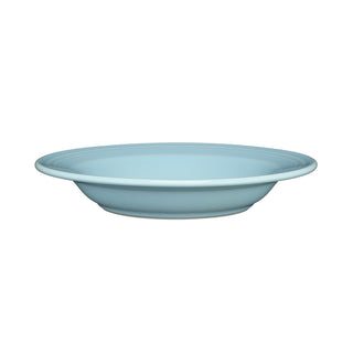 The Fiesta Sky Classic Rim 9 Inch Soup Bowl (13 OZ) features light blue vitrified china with a smooth surface and slightly raised rim, made in the USA, and is shown on a white background.