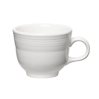 The Fiesta Retired Classic 7 3/4 OZ Tea Cup in white is shown. This lead-safe china cup features a handle and subtle horizontal lines near the rim, set against a white background.