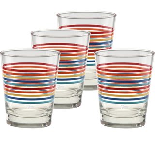 The Moderne Glass Fiesta Vibrant Thin Stripe 15 oz. Tapered Double Old Fashion set includes four USA-made glasses with red, orange, blue, and teal stripes, arranged in two rows on a white background.