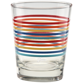 The Moderne Glass Fiesta Vibrant Thin Stripe 15 oz. Tapered Double Old Fashion set of 4 features clear glasses with horizontal red, orange, yellow, blue, and teal stripes, shown empty against a white background. Made in the USA.
