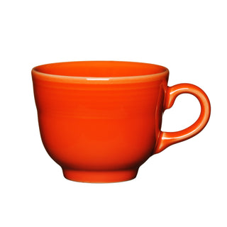 A Retired Classic 7 3/4 OZ Tea Cup by Fiesta in vibrant Poppy, made from lead-safe china with a handle, is shown side-on against a white background.