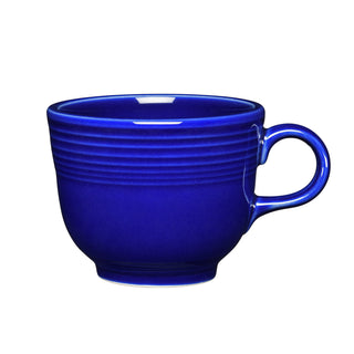 The Fiesta Retired Classic 7 3/4 OZ Tea Cup in twilight features a handle and ridged rim, crafted from lead-safe china, shown against a white background.