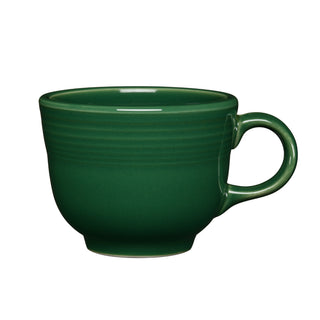 The Fiesta Retired Classic 7 3/4 OZ Tea Cup comes in jade, featuring a dark green ceramic body with a handle, smooth design, and horizontal ridges near the rim. Made from lead-safe china and photographed against a white background.