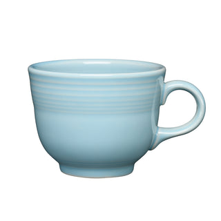 The Fiesta Retired Classic 7 3/4 OZ Tea Cup in sky features a handle and subtle horizontal ridges near the rim. Crafted from lead-safe china, it's shown against a white background for peace of mind.