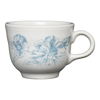 The Fiesta Retired Botanical Floral Classic 7 3/4 OZ Tea Cup is a white vitrified china teacup with a curved handle, featuring light blue floral sketches on the side.