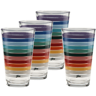 Four 16 oz. All Colors 2026 Cooler Glasses by Moderne Glass, each featuring vibrant horizontal stripes in blue, green, red, orange, yellow, and white, are arranged in a staggered set of four.
