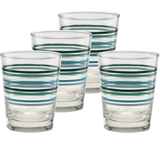 The Moderne Glass Fiesta Aegean Thin Stripe 15 oz. Tapered Double Old Fashion set includes four USA-made glasses with horizontal blue and green stripes—perfect for adding vibrant style to your table.