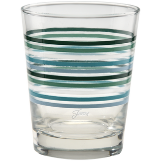 The Fiesta Aegean Thin Stripe 15 oz. Tapered Double Old Fashion glass set by Moderne Glass features horizontal green, blue, and white stripes—an eye-catching USA-made set of 4.