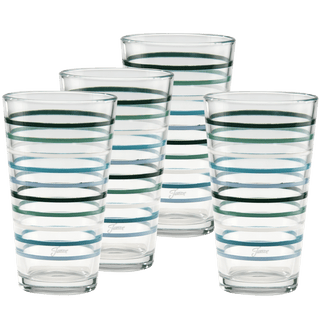 A set of four 16 oz. Fiesta Aegean Thin Stripe Cooler Glasses by Moderne Glass is arranged in two rows on a white background, each with blue and green horizontal stripes and a slightly flared rim. Made in USA.