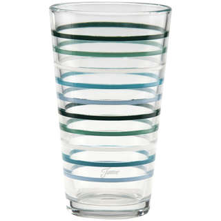 The Moderne Glass 16 oz. Fiesta Aegean Thin Stripe Cooler Glass Set of 4 features clear tumblers with alternating blue and green stripes, made in the USA and displayed on a white background.