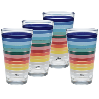 Set of four 16 oz. Moderne Glass coolers with colorful horizontal stripes in blue, green, yellow, orange, and red. Features the Jass logo near the base. Made in the USA and perfect for pairing with Fiesta Dinnerware.