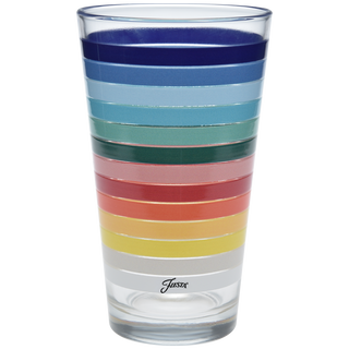 The Moderne Glass 16 oz. All Colors Stripe Cooler Glass Set of 4 features clear tumblers with horizontal blue, teal, green, red, orange, and yellow stripes for a festive look. Made in the USA.