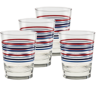 A set of four 15 oz. Fiesta Americana Thin Stripe tapered double old fashion glasses by Moderne Glass features horizontal red, blue, and white stripes, arranged on a white background—ideal stylish serveware for any occasion.