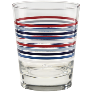 The Moderne Glass Fiesta Americana Thin Stripe 15 oz. Tapered Double Old Fashion glasses, made in the USA, feature horizontal red and blue stripes, a thick base, and flared rim. Sold as a set of 4.