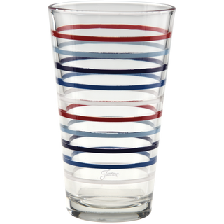 The 16 oz. Fiesta Americana Thin Stripe Cooler Glass Set by Moderne Glass features clear glass with evenly spaced red, blue, and light blue stripes, designed to complement Fiesta Dinnerware. Set of 4.