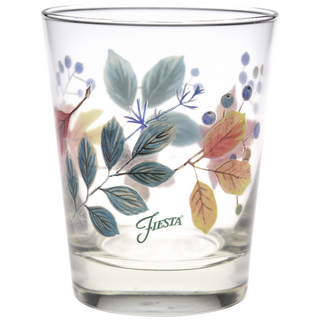 The Moderne Glass 15 oz. Fiesta Autumn Fields Tapered Double Old Fashion Set of 4 features clear glasses with green, blue, and red leaf and berry designs plus "Fiesta" printed in green—classic style proudly made in the USA.