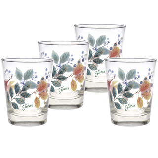 This set of four 15 oz. Moderne Glass Fiesta Autumn Fields Tapered Double Old Fashion glasses features a colorful fall botanical design with "Fiesta" on each glass. Made in the USA.
