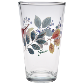 The Moderne Glass 16 oz. Fiesta Autumn Fields Cooler Glass Set of 4 features colorful red, yellow, and blue leaves with berries and "Fiesta" in green script. Made in the USA.