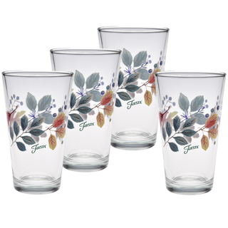 The 16 oz. Fiesta Autumn Fields Cooler Glass Set by Moderne Glass includes four clear tumblers with autumn leaves, berries, and "Fiesta" in green script, made in the USA and shown together on a white background.
