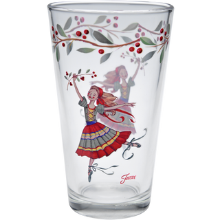 The Nutcracker The Ballerina 16 oz. Cooler Glass Set by Moderne Glass features festive glassware adorned with a colorful ballerina, berries, and leaves—perfect holiday tableware for any gathering. "Fiesta" is printed near the base. Set includes 4 glasses.