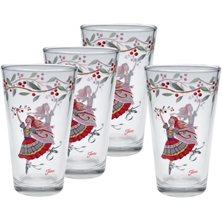 Set of four 16 oz. Nutcracker The Ballerina cooler glasses by Moderne Glass, each featuring a folk art ballerina in a red dress with festive accents and "Jass" printed in red—festive glassware for your holiday table.