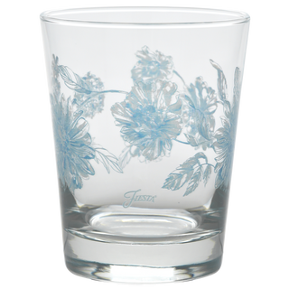 The Moderne Glass Botanical Floral 15 oz. Tapered Double Old Fashion Glass Set of 4 features USA-made clear glass with light blue floral and leaf designs, plus "Fiesta" printed near the base.
