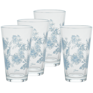 The Moderne Glass Botanical Floral 16 oz. Cooler Glass Set of 4 features delicate blue floral patterns and "Jusset" near the base, making them perfect glass coolers to complement your Fiesta Dinnerware collection.