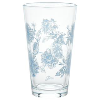 The Moderne Glass Botanical Floral 16 oz. Cooler Glass Set of 4 features clear glass with a light blue floral design and “Fiesta” near the base—an ideal match for your Fiesta Dinnerware collection.