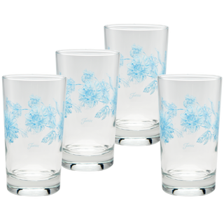 Set of 4 Moderne Glass Botanical Floral 7 oz. juice glasses, featuring light blue floral patterns and "Tivoli" text, arranged on a white background. Perfect companion for Fiesta Dinnerware.