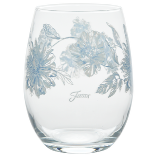 The Moderne Glass Botanical Floral 15 oz. Stemless Wine Glass Set of 4 features light blue floral designs and “Fiesta” on the front, perfectly matching your Fiesta Dinnerware.